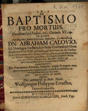 De Baptismo Pro Mortuis : Occasione loci Paulini, ex 1. Corinth. XV, 29.
