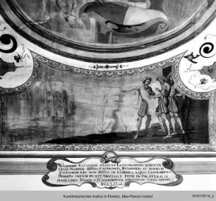 Deckendekoration mit Wappen und historischen Szenen : Szenen aus der Familiengeschichte der Della Gherardesca : Walfredo Ratchait Della Gherardesca lässt 1254 einen Palast errichten