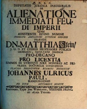 Disputatio Juridica Inauguralis De Alienatione Immediati Feudi Imperii
