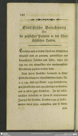 Statistische Berechnung über die geistlichen Personen in den Chursächsischen Landen