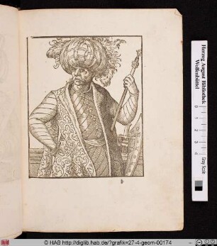 Ein stehender Türke mit Zepter und federgeschmücktem Turban.