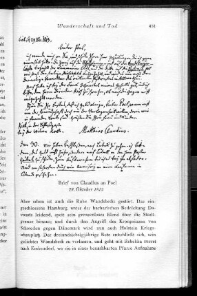 Brief von Claudius an Poel 29. Oktober 1813