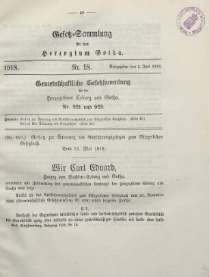 18. Gesetz zur Änderung des Ausführungsgesetzes zum Bürgerlichen Gesetzbuch. Vom 31. Mai 1918