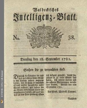 No. 38, Dienstag den 18. September 1781