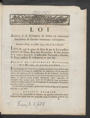 Loi Relative à la formation de trente-un nouveaux bataillons de Gardes nationaux volontaires : Donnée à Paris, le 6 Mai 1792, l'an 4.e de la Liberté