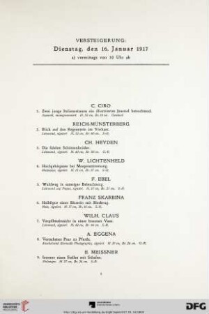 Versteigerung: Dienstag, den 16. Januar 1917 (Nr. 1-265)