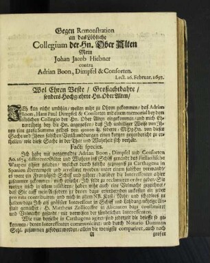 Gegen Remonstration an das Löbliche Collegium der Hn. ... [u. a.]