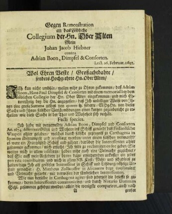 Gegen Remonstration an das Löbliche Collegium der Hn. ... [u. a.]