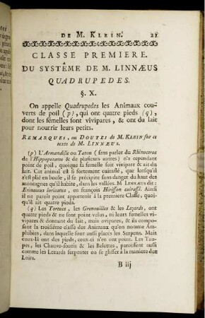 Classe Premiere. Du Systäme De M. Linnæus Quadrupedes.