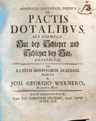 Dissertatio Inavguralis Jvridica De Pactis Dotalibvs, Svb Formvla: Hut bey Schleyer und Schleyer bey Hut Conspectis