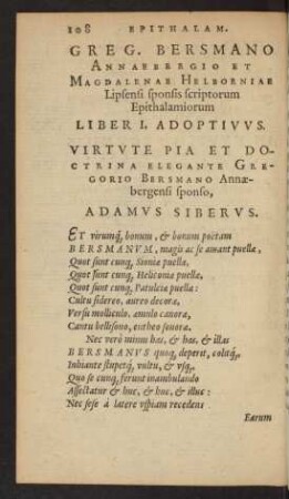 Greg. Bersmano Annaebergio Et Magdalenae Helborniae Lipsensi sponsis scriptorum Epithalamiorum Liber I. Adoptivus.