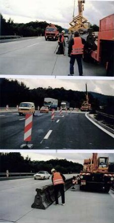 Baustelle von km 537,1 - 542 Betongleitwand, Abladen und Aufbau der Betongleitwand.