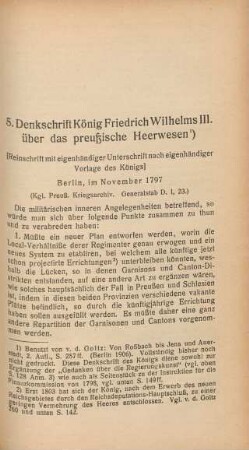 5. Denkschrift König Friedrich Wilhelms III. über das preußische Heerwesen