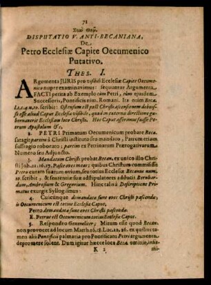 Disputatio V. Anti-Becaniana, De Petro Ecclesiae Capite Oecumenico Putativo.