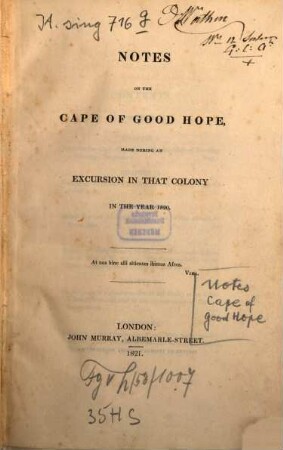 Notes on the Cape of Good Hope : made during an excursion in that colony in the year 1820