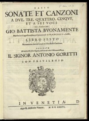 Giovanni Battista Buonamente: Sonate et canzoni a due, tre, quattro, cinque, et a sei voci ... libro sesto. Basso