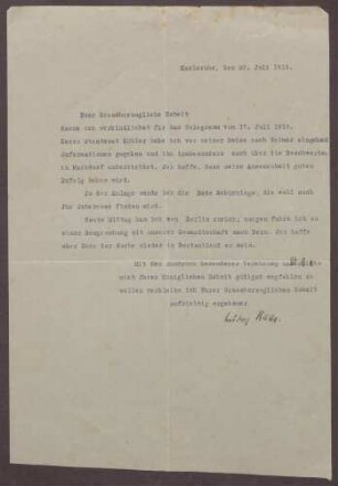 Schreiben von Ludwig Haas an Prinz Max von Baden; Zusendung einer Rede von Walther Schücking und Reisepläne der nächsten Tage