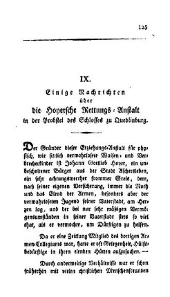 Einige Nachrichten über die Hoyersche Rettungs-Anstalt in der Probstei des Schlosses zu Quedlinburg