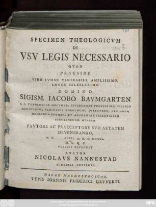 Specimen Theologicvm De Vsv Legis Necessario