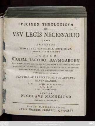 Specimen Theologicvm De Vsv Legis Necessario