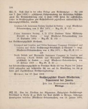 61. Ministerial-Bekanntmachung, betreffend die Aufgabe des Lebensversicherungsgeschäftsgeschäfts seitens einiger, seither im Großherzogthum zum Geschäftsbetrieb zugelassenen ausländischen Versicherungs-Gesellschaften