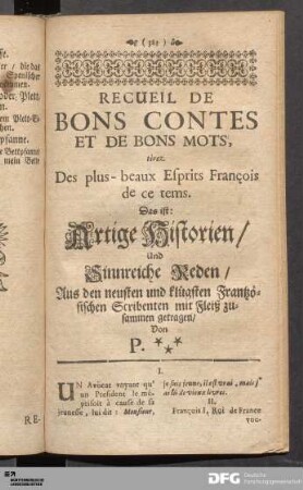 Recueil De Bons Contes Et De Bons Mots, tirez Des plus- beaux Esprits François de ce tems.