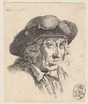 Bildnis eines Mannes mit Hut und langen Haaren im Halbprofil nach rechts, aus der Folge "Prove d'aqua forte" oder "Têtes et Croquis"