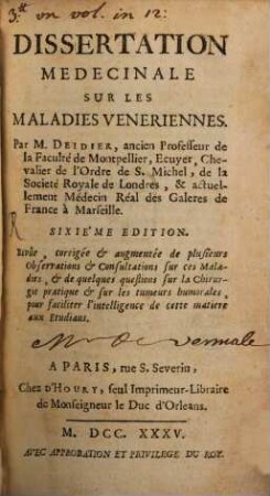 Dissertation medec. sur les maladies venerriennes
