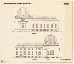 Kaiser-Wilhelm-Volkshaus für Lübeck: Aufriss Ostseite und Westseite, d. h. die Außenseiten der beiden Flügel 1:100