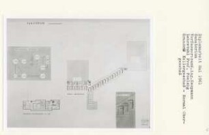 LVA-Sanatorium, Bad Oeynhausen (Diplomarbeit bei Peter Poelzig): Grundrisse Kellergeschoss 1:200, Normal-Obergeschoss, Funktionsschema Wäscherei und Ausschnitt 1:100