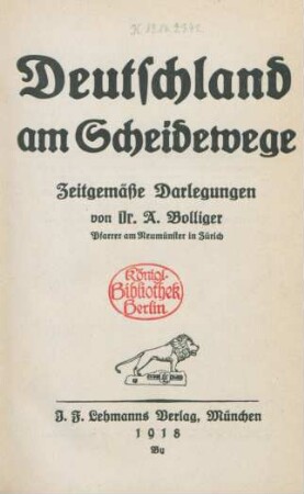 Deutschland am Scheidewege : zeitgemässe Darlegungen
