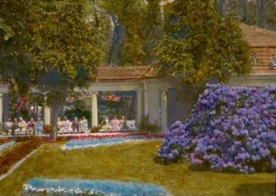 Bad Brambach. Kurpark. Auf Bänken sitzende Kurgäste im Wandelgang am Quellhaus der Wettinquelle (1929)