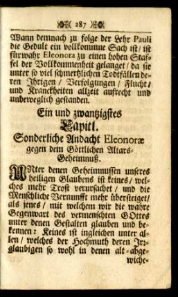 Ein und zwantzigstes Capitl. Sonderliche Andacht Eleonorae gegen dem Göttlichen Altars-Geheimnuß