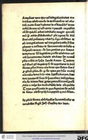 Explicit forma absolutionis sacramentalis venerabilis magistri Johannis Gerson. Deo laus.