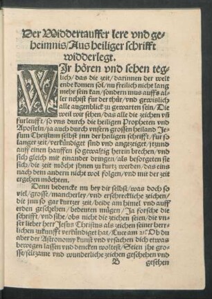 Der Widdertauffer lere und geheimnis/ Aus heiliger schrifft widderlegt.