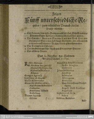 Das I. Register der Nahmen der angeführten Autorum