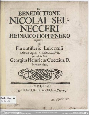 De Benedictione Nicolai Selnecceri Heinrico Höpffnero impertita