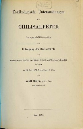 Toxikologische Untersuchungen über Chilisalpeter : Inaugural-Dissertation