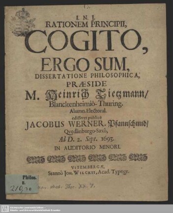 Rationem Principii, Cogito, Ergo Sum, Dissertatione Philosophica