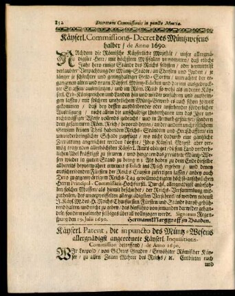 Käyserl. Patent, die in puncto des Müntz-Wesens allergnädigst angeordnete Käyserl. Inquisitions-Commission betreffend, de Anno 1690