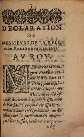 Declaration De Messievrs De La Religion Pretendve Reformée Au Roy