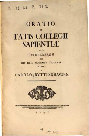 Oratio de fatis Collegii Sapientiae quod Heidelbergae est