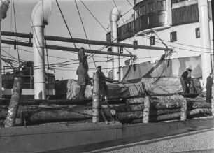 Schiffsdeck : Blick auf ein Schiffsdeck mit Baumstämmen beladen. Schiffsmannschaft steht an Deck