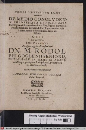 Theses Disputationis Epistemonicae, De Medio Concludendi Theorema Et Problemata Theologica: de harmonioa veritatis Theologicae & Philosophicae: de ratione disputandi Theologorum inter seserum annexis quibusdam corollariis utilissimis