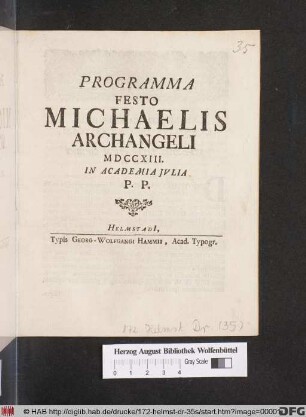 Programma Festo Michaelis Archangeli MDCCXIII. In Academia Jvlia P. P.