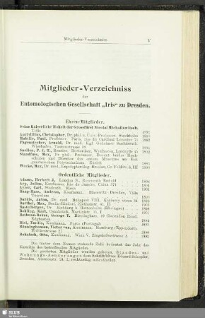 Mitglieder-Verzeichniss der Entomologischen Gesellschaft "Iris" zu Dresden