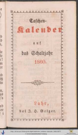 Taschenkalender auf das Schaltjahr 1860.
