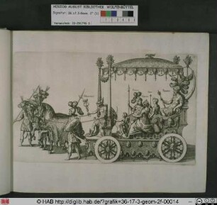 Römische Götter auf einem Prunkwagen, der von reich geschmückten Pferden gezogen wird.