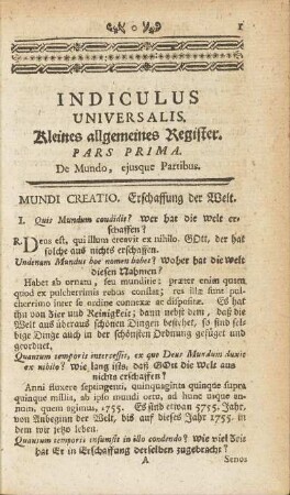 Indiculus Universalis. Kleines allgemeines Register. Pars Prima. De Mundo, ejusque Partibus.