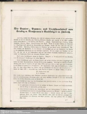 Die Papier-, Pappen- und Preßspanfabrik von Sendig u. Reußmann's Nachfolger in Zwönitz